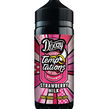 Doozy Temptations Strawberry Milk E-Liquid Shortfill. A Silky, Smooth blend of Sweet Strawberries and Clotted Cream with a Splash of Milk. Creating Plumes of Happiness!
